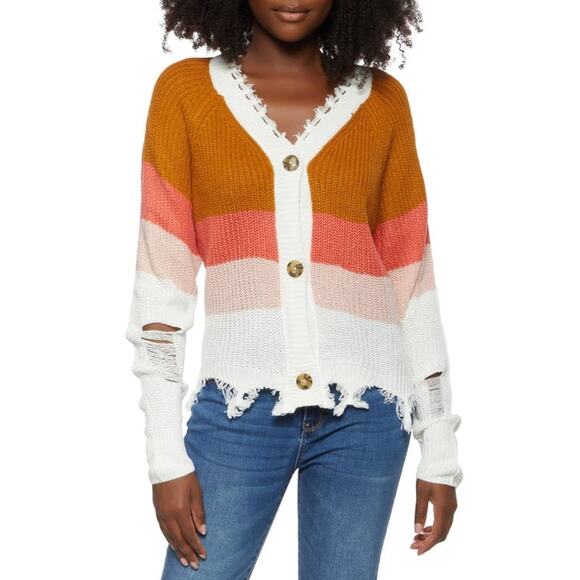 Full Circle Trends Ivory Frayed V Neck Color block Cardigan NWT - Picture 1 of 2